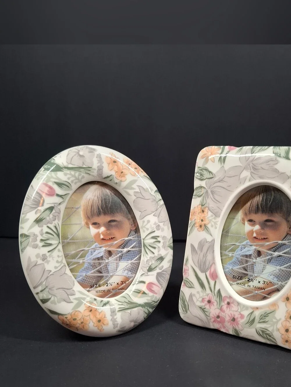 Vtg Sm Floral Ceramic Photo Frames Cottagecore Picture 2.5 x 3.5 Oval Rectangle